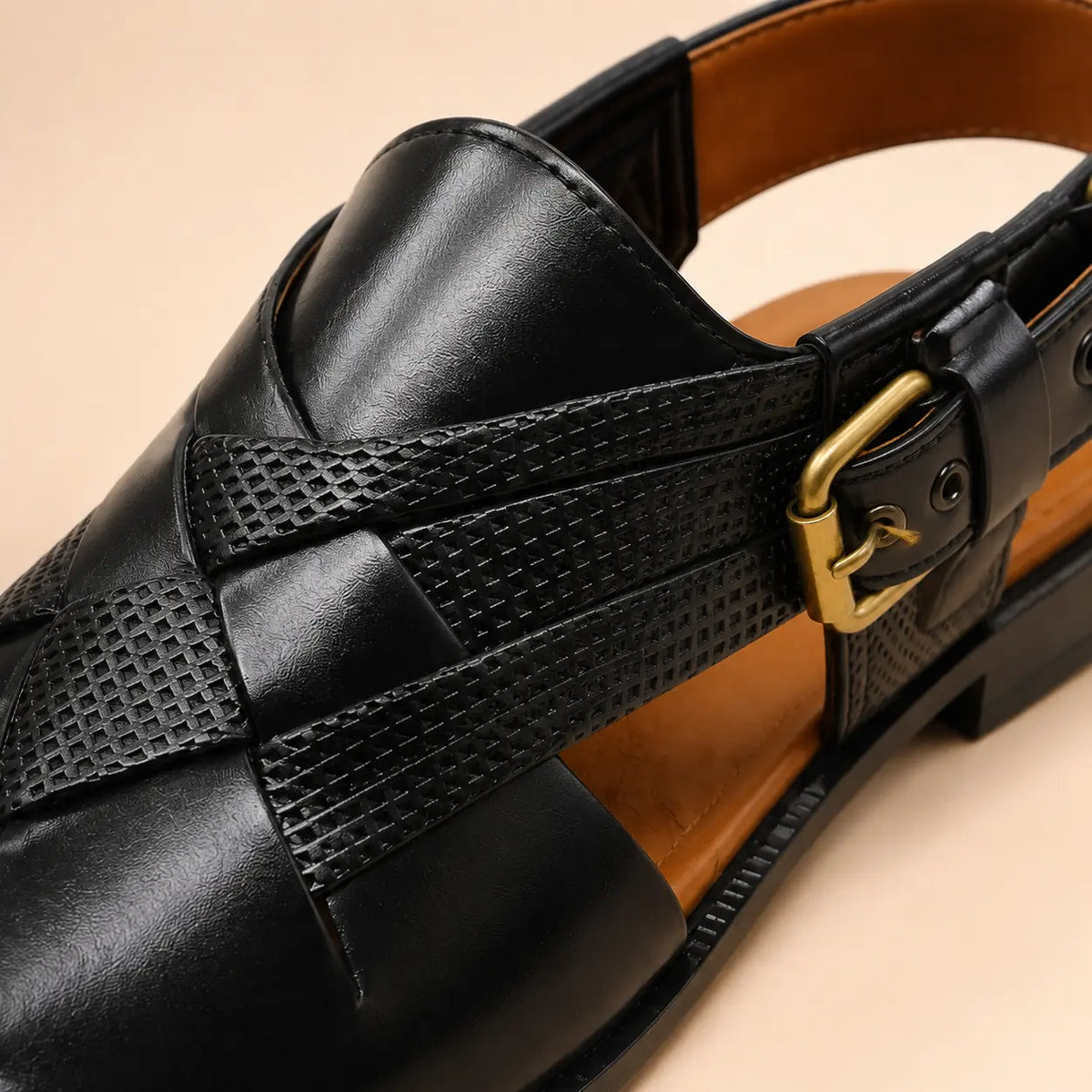 Regal Weave Men’s Black Regzine Peshawari Sandals – material and detail close-up