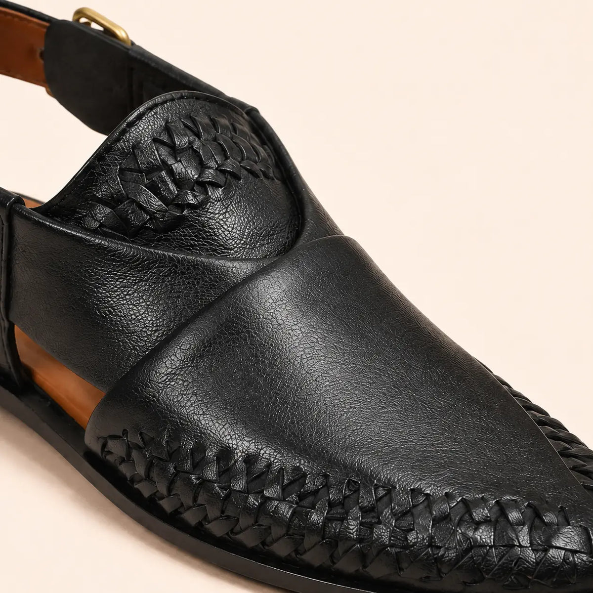 Heritage Weave Men’s Black Regzine Peshawari Sandals – material and detail close-up