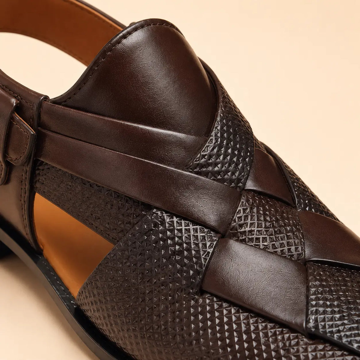 Royal Interlace Men’s Dark Brown Regzine Peshawari Sandals – material and detail close-up