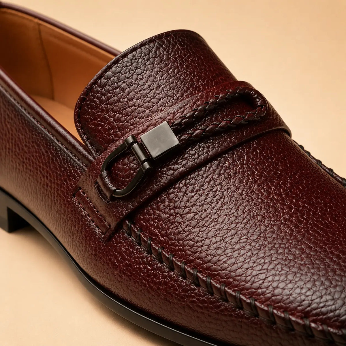 Signature Bit Men’s Burgundy Genuine Leather Loafers – material and detail close-up