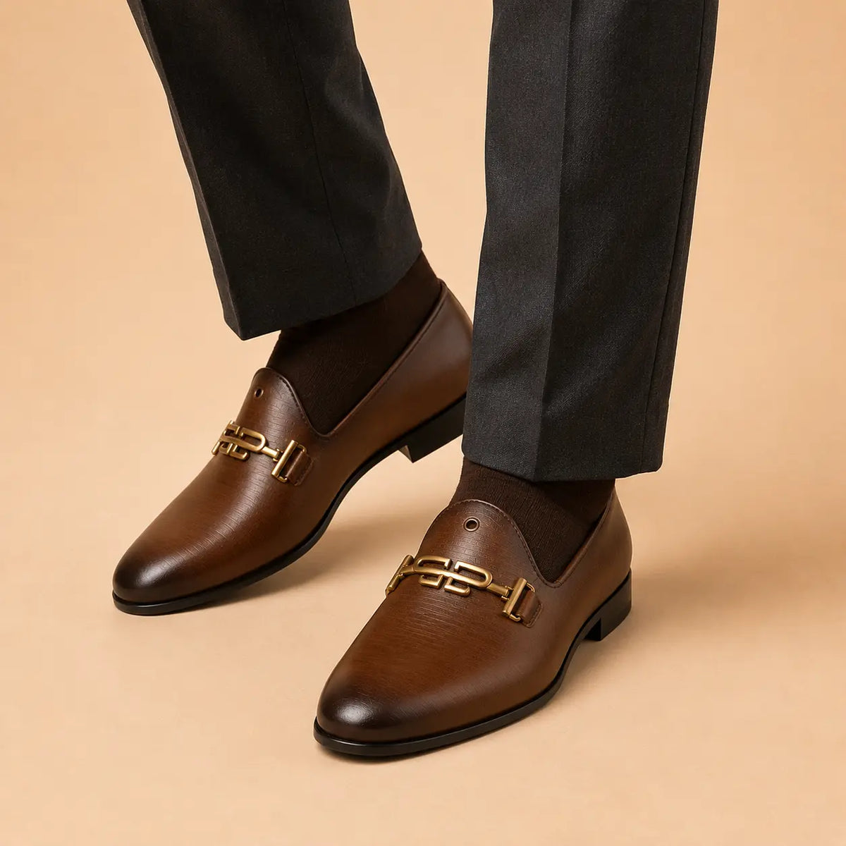 Signature Horsebit Men’s Cognac Leather Loafers worn on foot