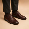 Classic Penny Men’s Dark Brown Genuine Leather Loafers worn on foot
