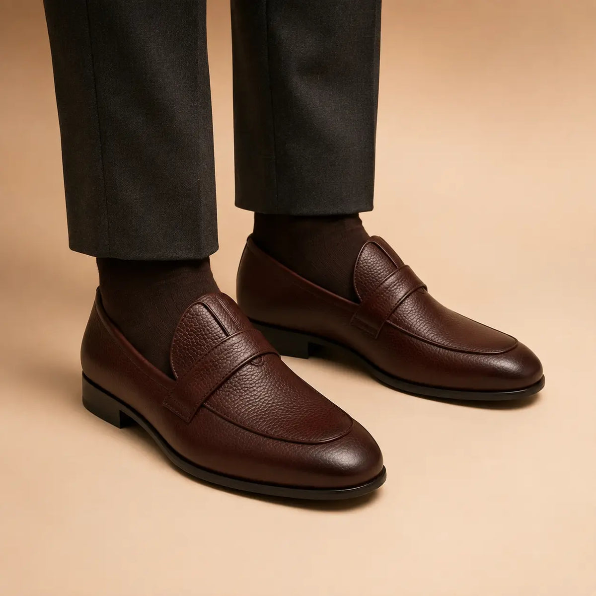 Classic Penny Men’s Dark Brown Genuine Leather Loafers worn on foot