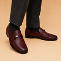 Signature Bit Men’s Burgundy Genuine Leather Loafers worn on foot