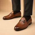 Classic Link Men’s Tan Brown Genuine Leather Loafers worn on foot