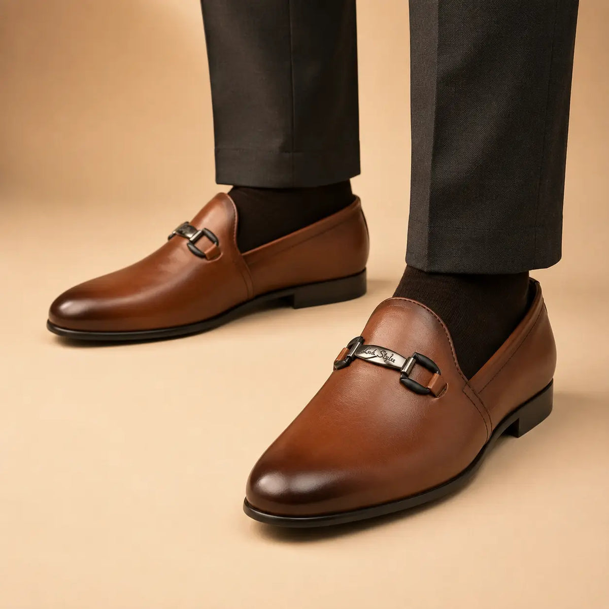 Classic Link Men’s Tan Brown Genuine Leather Loafers worn on foot
