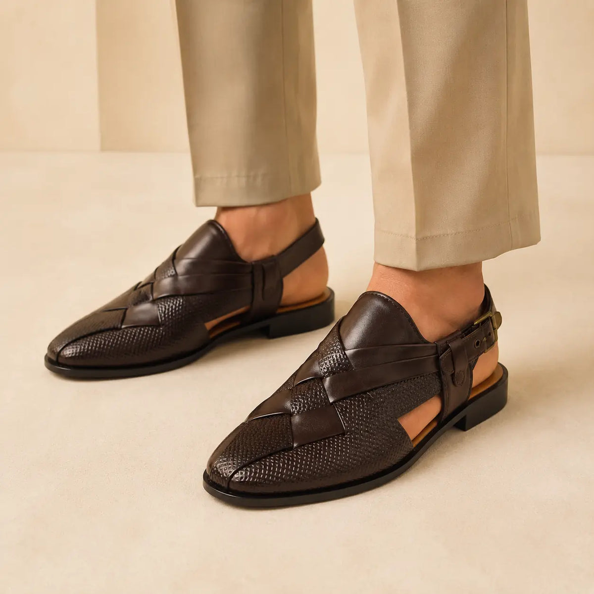 Royal Interlace Men’s Dark Brown Regzine Peshawari Sandals worn on foot