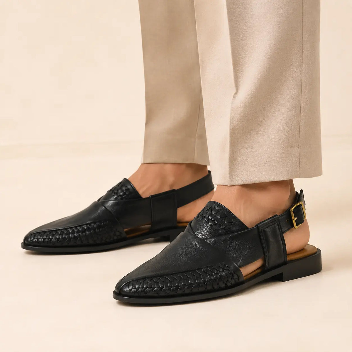 Heritage Weave Men’s Black Regzine Peshawari Sandals worn on foot