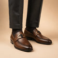 Royal Emblem Men’s Chocolate Brown Leather Loafers worn on foot