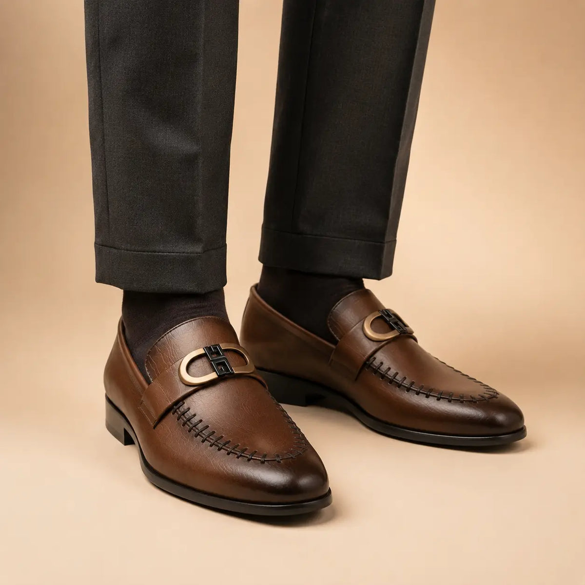 Royal Emblem Men’s Chocolate Brown Leather Loafers worn on foot