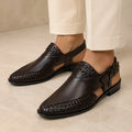 Heritage Weave Men’s Dark Brown Regzine Peshawari Sandals worn on foot