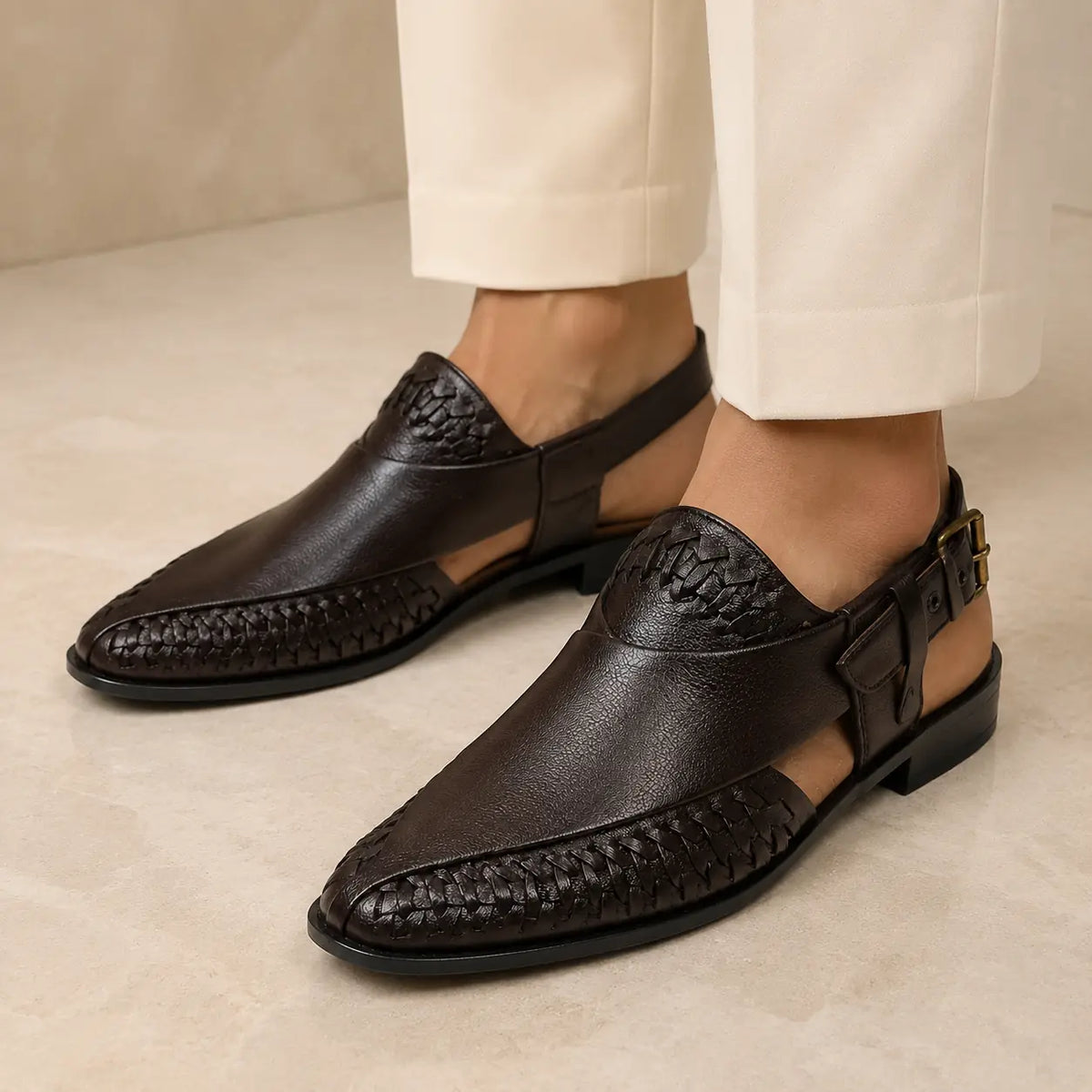 Heritage Weave Men’s Dark Brown Regzine Peshawari Sandals worn on foot