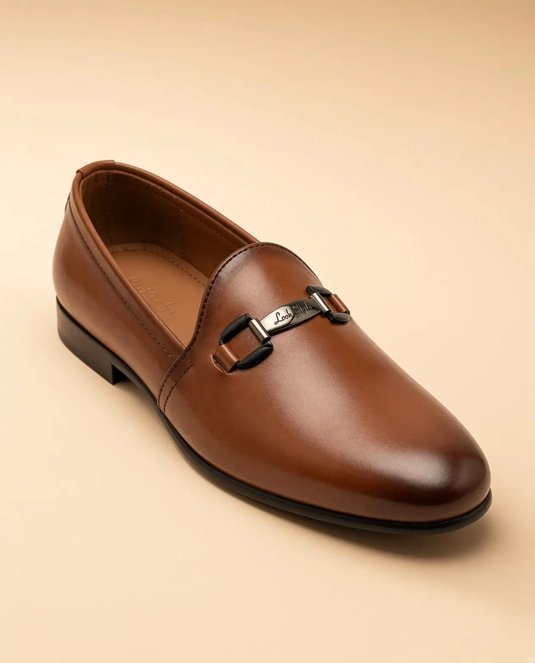 Classic Link Men’s Tan Brown Genuine Leather Loafers – front product view